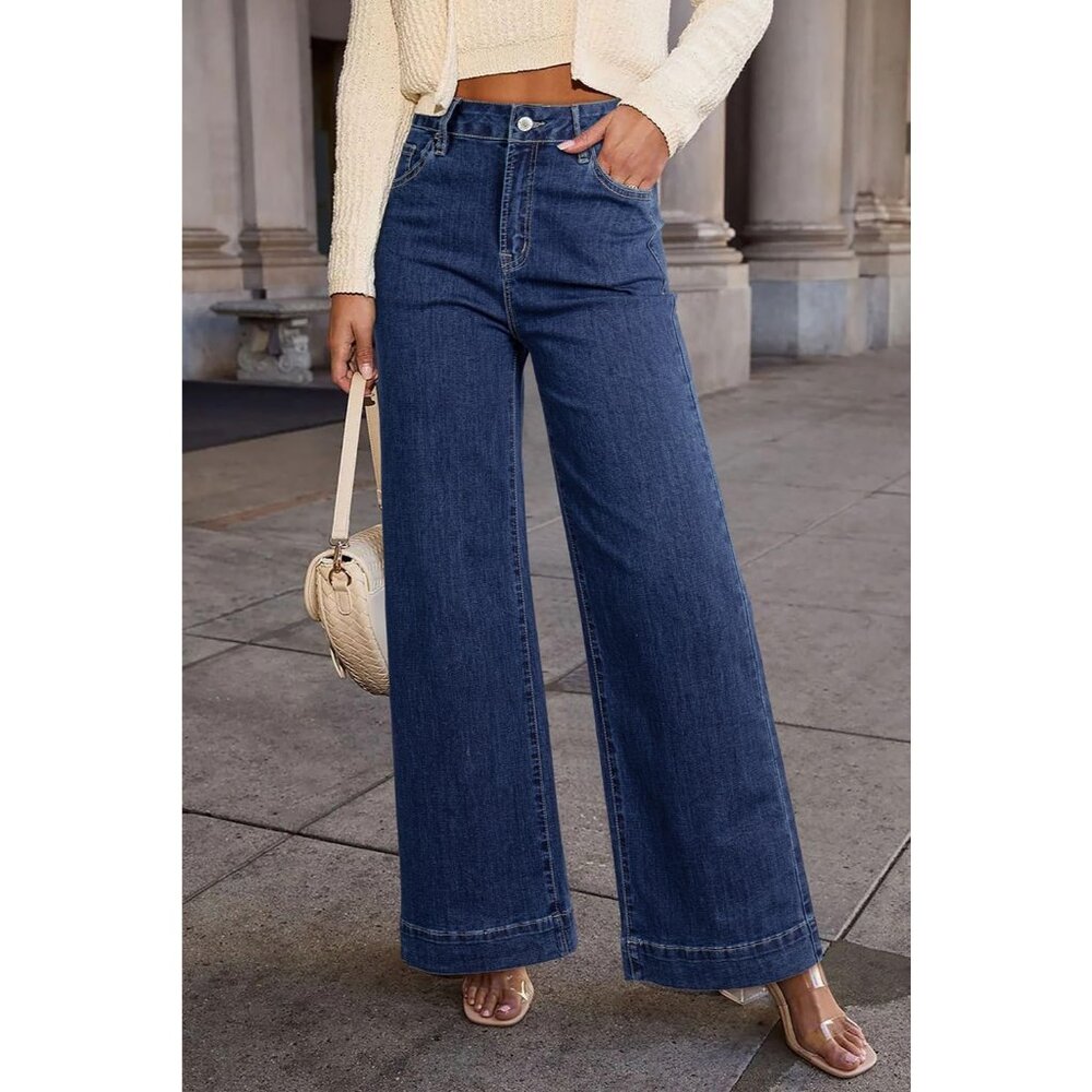 Women's Bluing Waisted Wide Leg Denim Jeans Stretchy Loose Pants with Pockets - Picture 3 of 5